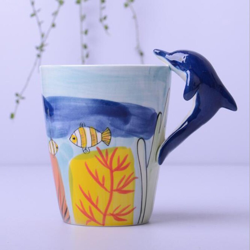 Tasse en céramique 400ml animaux de dessin animé tasse à café et lait tasse de couleur peinte à la main 3d animaux bureau maison enfant tasse: Dauphin