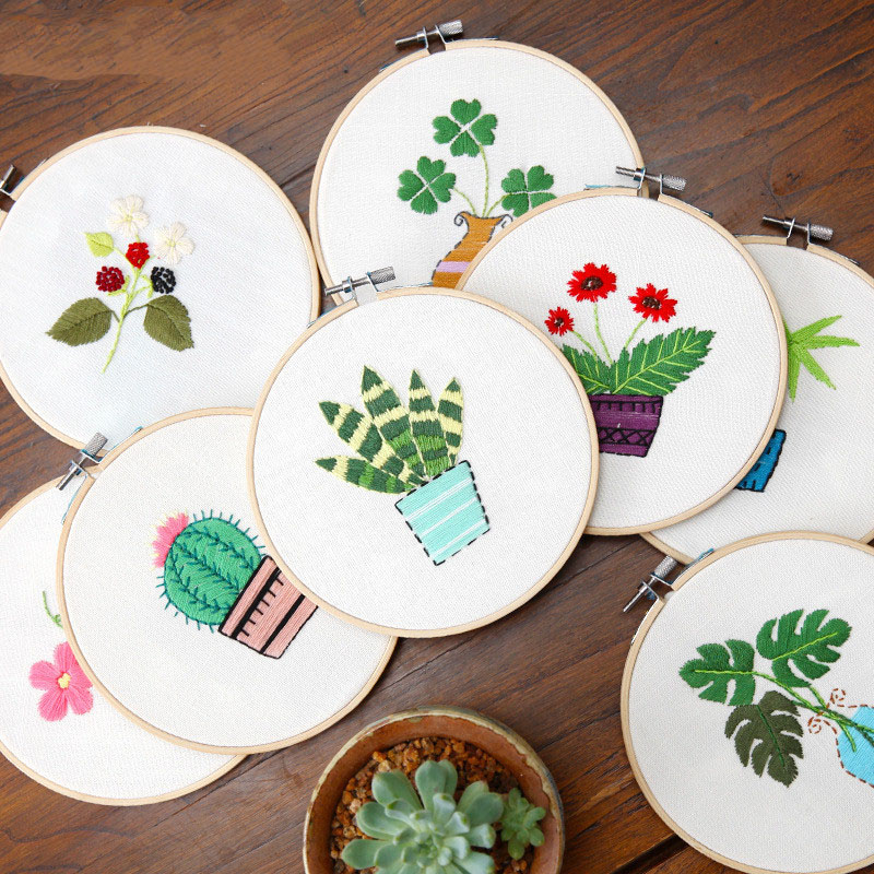 1 Juego de bordado de plantas verde con Marco, kit de costura Manual DIY para principiantes, Serie de punto de cruz, manualidades decoración de costura