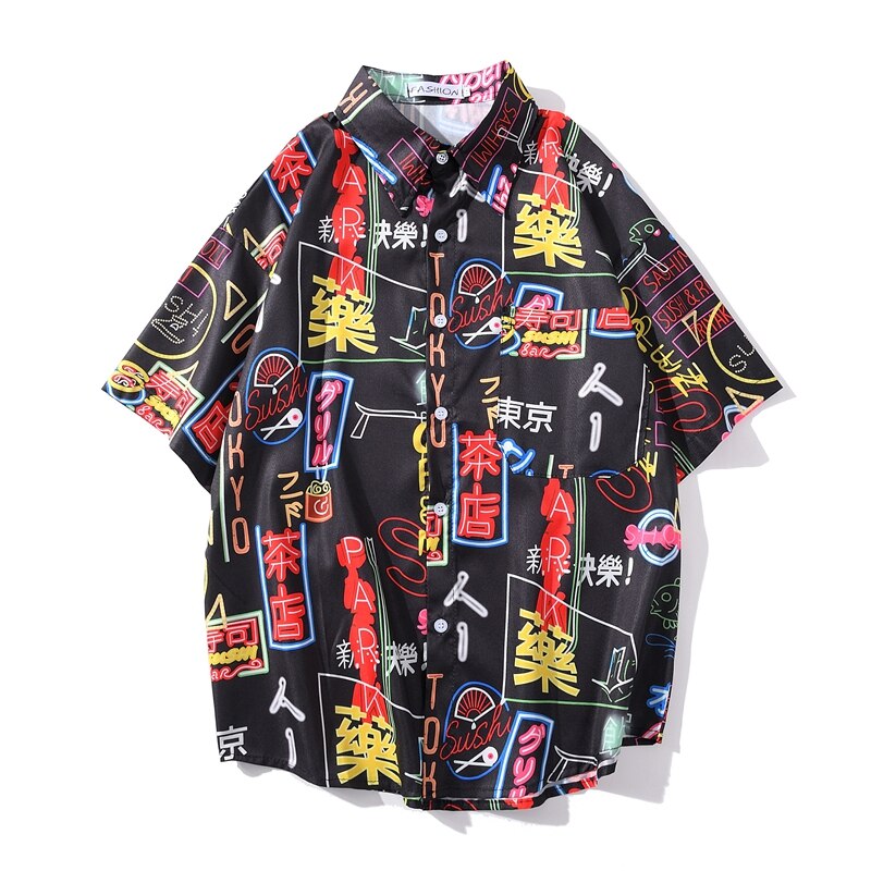 Chemise d'été élément chinois imprimé de plage homme, Graffiti, chemise hawaïenne pour homme et femme, chemise noire et blanche, décontracté: Black / M