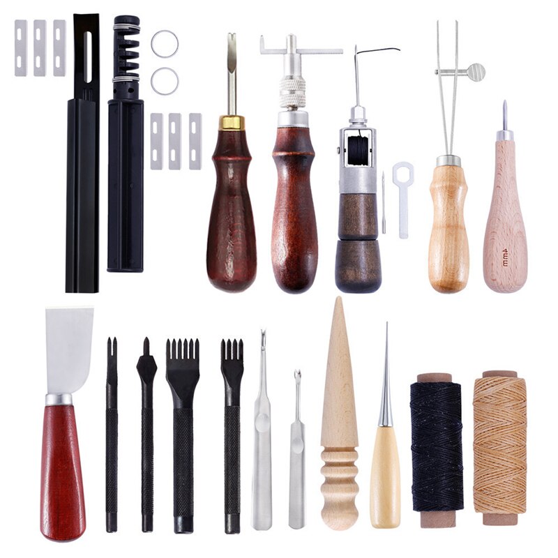 Miusie Lederen Naaien Gereedschap Diy Leather Craft Gereedschap Hand Naaien Tool Set Zadel Groover Met Priem Gewaxt Draad Vingerhoed Kit