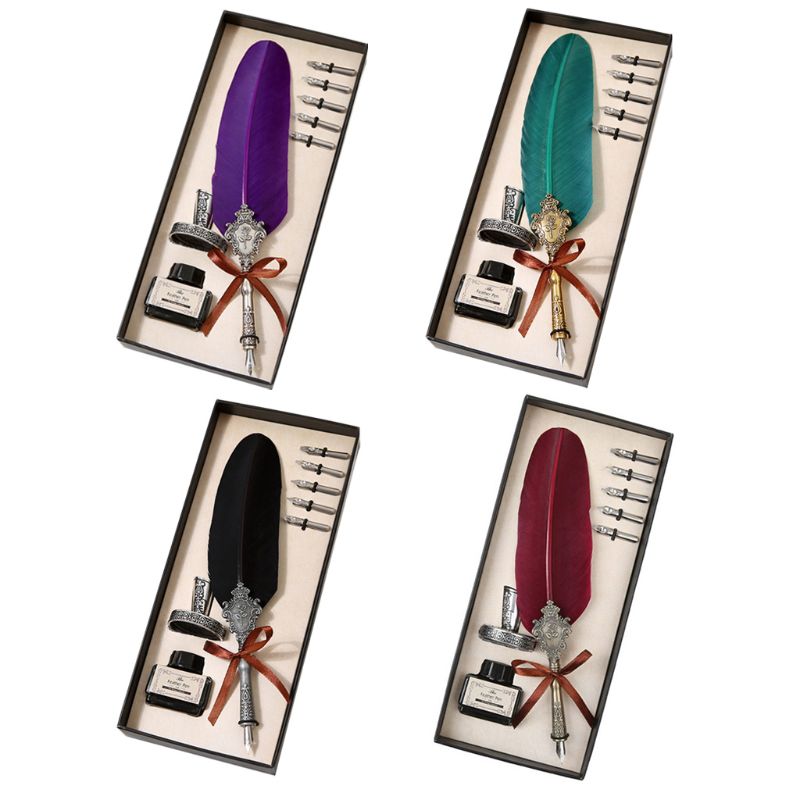 Retro Classical Feather Quill Dip English Calligraphy Fountain Pen with Writing Ink 5 Nibs Kit Set Stationery Box B36C