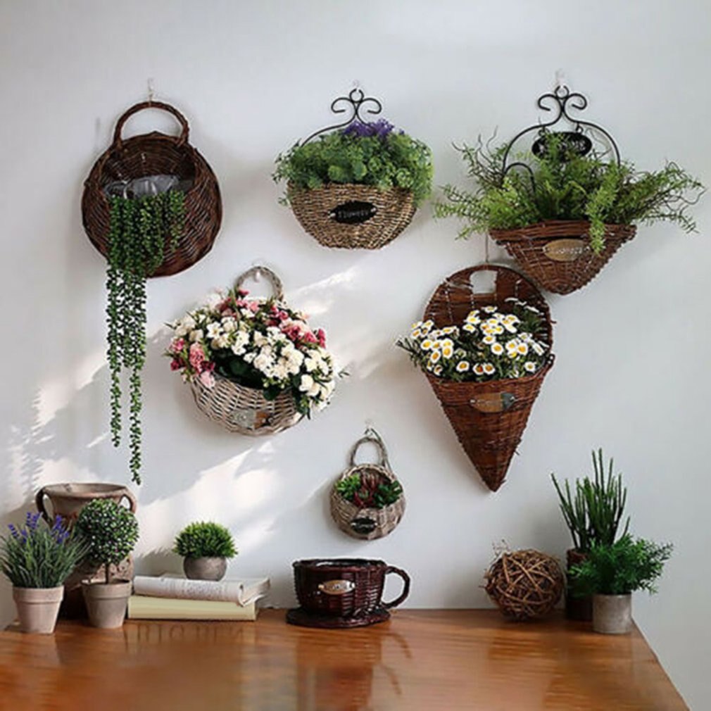 retro wiklinowy ratanowy kosz na kwiaty ściany wiszące kosze robić przechowywania dekoracje ścienne okno rekwizyty ogrodnictwo rozmaitości pojemnik na rośliny kosz