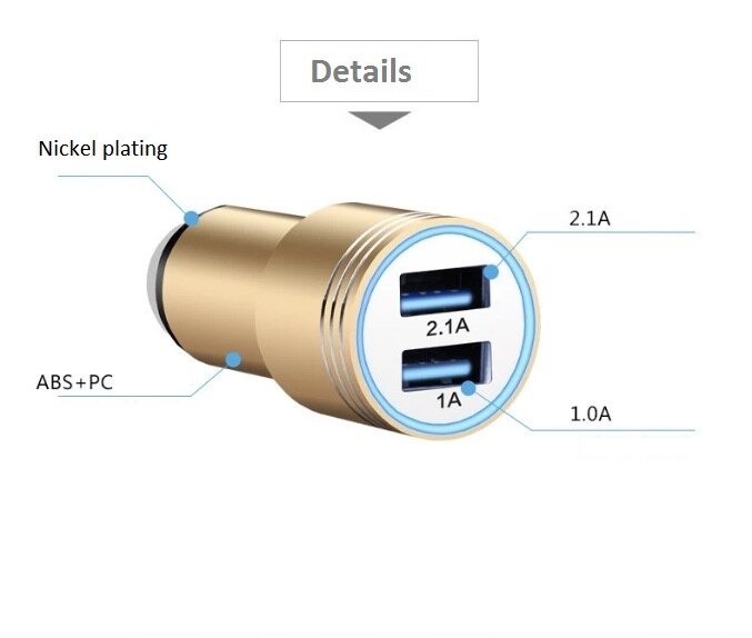 Chargeur de voiture en alliage d'aluminium 2 USB 2.4A + 1A adaptateur de charge rapide téléphone double prise de Conversion de Port USB prise de chargeur de voiture