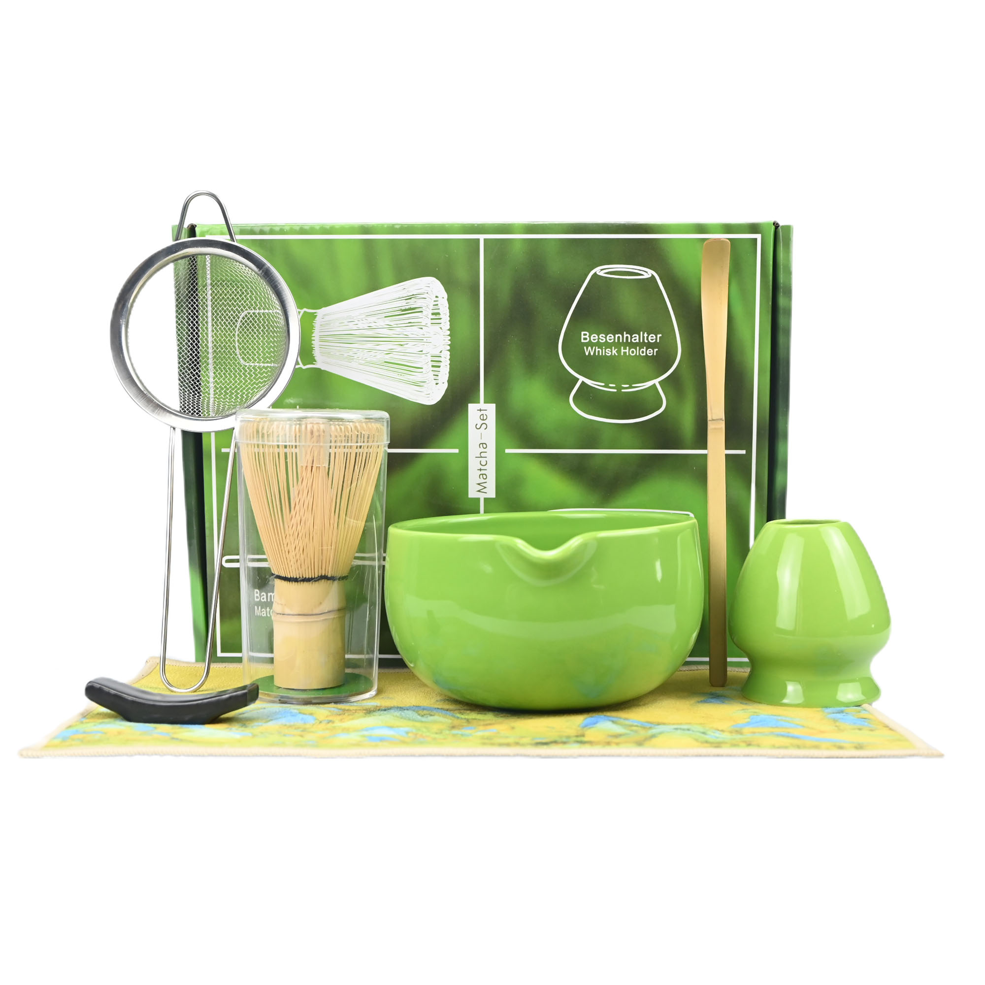 Matcha theeservies, 7-delige Matcha garde set, Matcha starter maken kit, Matcha groene thee garde set met schep, schepsteun, zeef, Whi: green