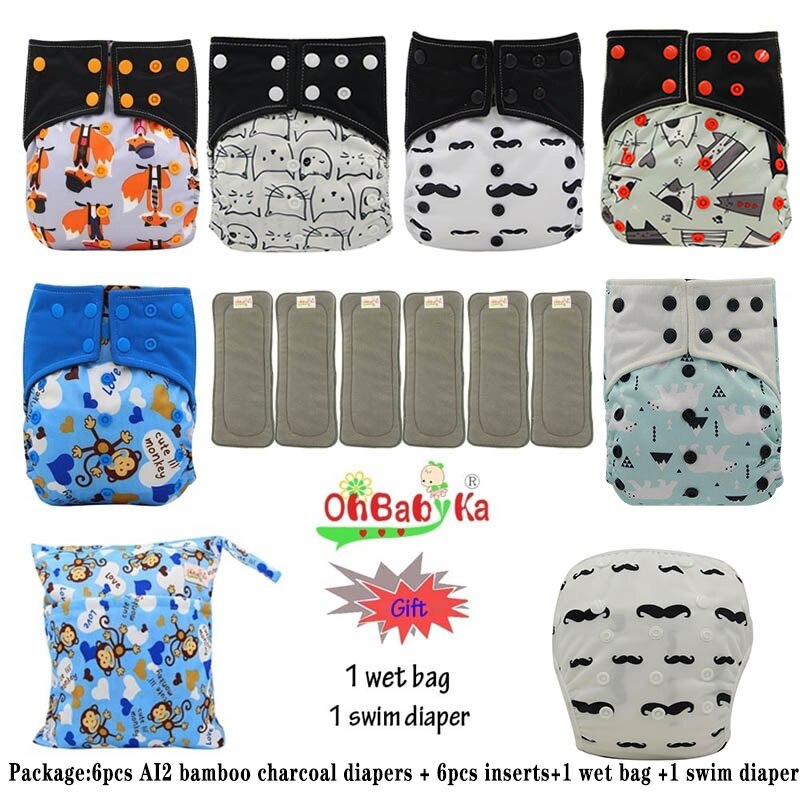 Ohbabyka AI2 wiederverwendbar Tuch Windeln für Mädchen, einstellbare Waschbar Windel 6 stücke + 6 stücke Bambus Holzkohle Einsätze + nass Tasche + Schwimmen Windel
