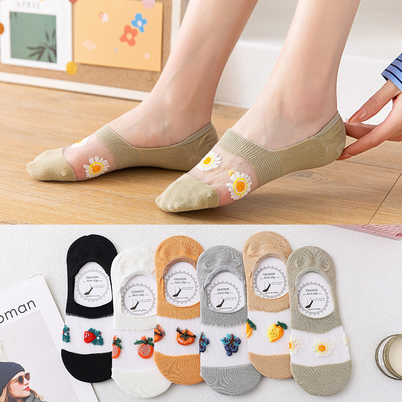 Crystal Silk Woman Socks Silicone Non-slip Invisible No Show Socks Fruit Print Summer Thin Breathable Low Cut Ankle Boat Socks