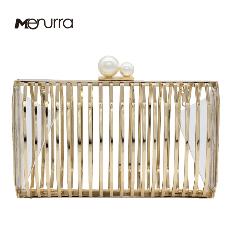 Women's Unique Metal Hollow Evening Clutch Bag Pearl Clasp Ladies Chain Shoulder Bag Crossbody Messenger Party Bag