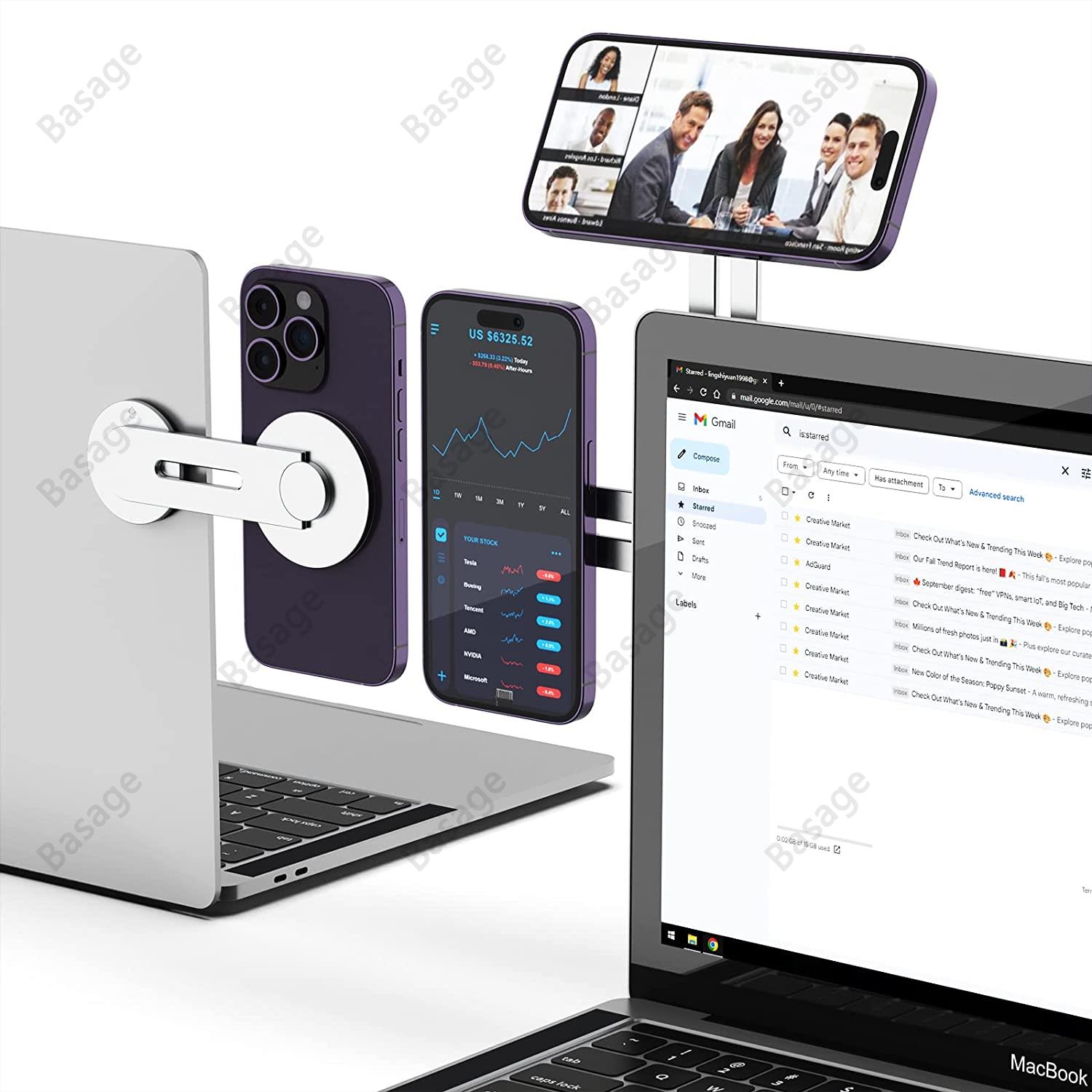 Uchwyt do laptopa Continuity Flip do iPhone'a, wąski magnetyczny uchwyt na telefon, obrotowy o 180 stopni ° do laptopów i monitorów, regulowane ramię magnetyczne