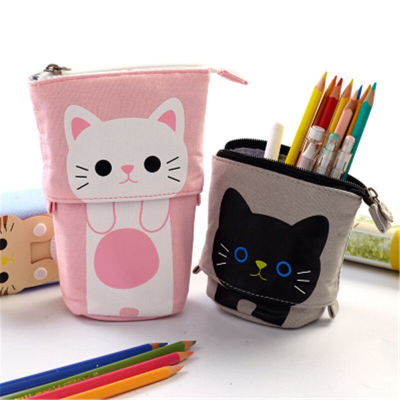 Cartoon kat telescopische etui tas opvouwbare staande houder kinderen etui canvas intrekbare studenten flexibele pennendoos