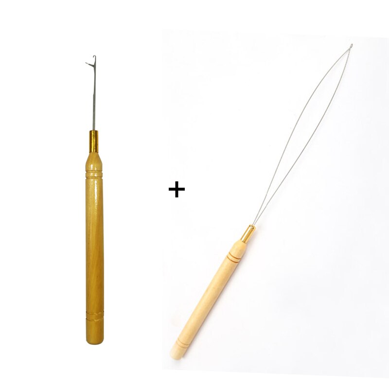 Aguja de tracción de gancho de madera para extensiones de cabello, herramienta para Micro cuentas de silicona, ganchillo para extensiones de cabello, herramientas para hacer pelucas, 1 unids/lote: 1set