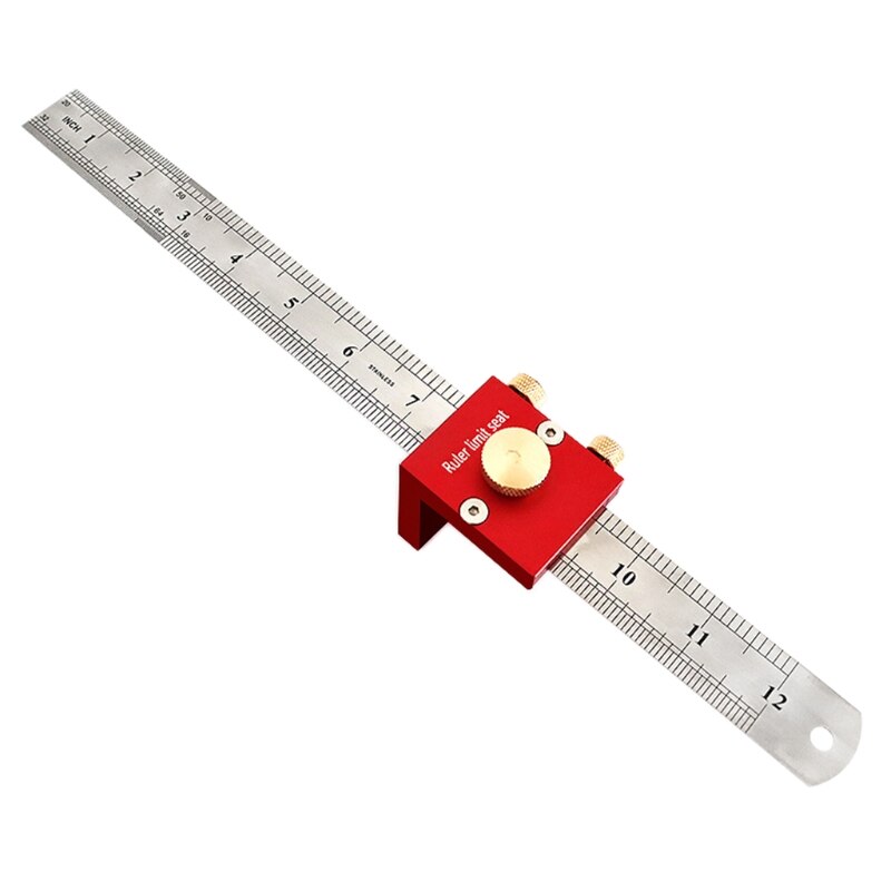 12 Inches Ruler Positioning Block Wooden Woodworking Line Locator Stop Block DIY Measuring Tool with 12in Steel Ruler: red