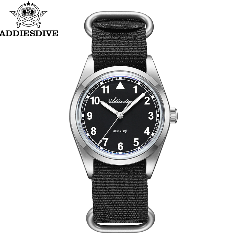 Reloj de cuarzo ADDIESDIVE, correa de nailon luminosa, cristal de espejo de burbuja de acero 316L VH31, caja arenada de buceo de 100M, reloj de hombre de 36mm
