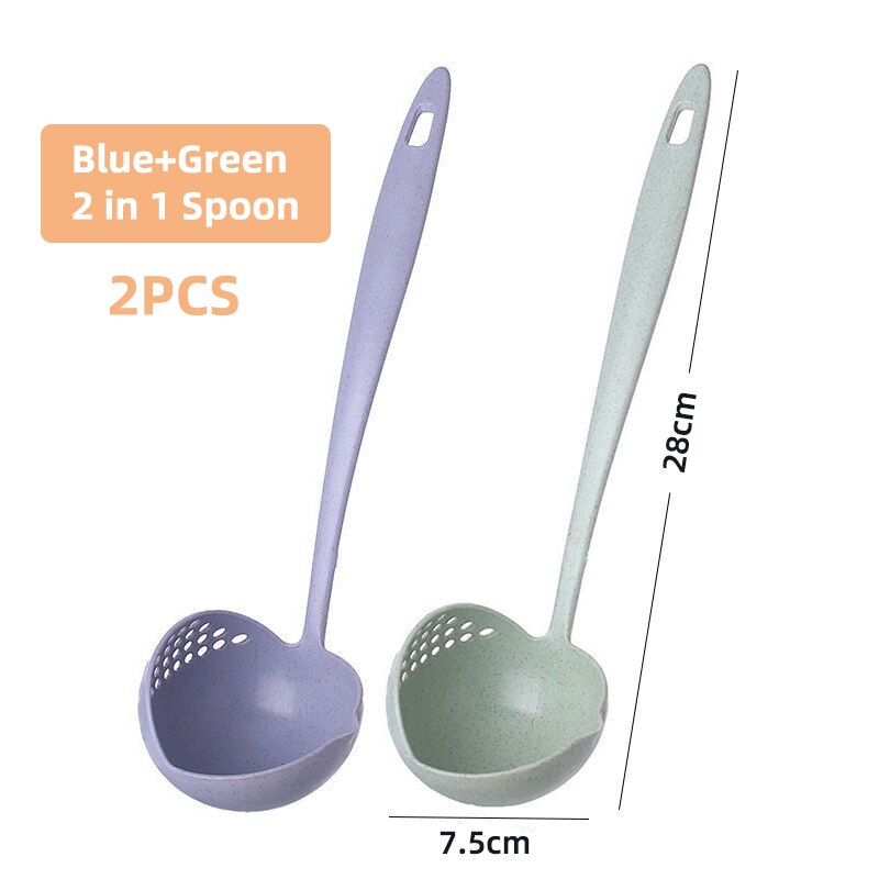 Obelix 2 in 1 Wheat Straw Soup Spoon Long Handle Porridge Spoons Meal Filter Tableware Home Cooking Tools Kitchen Accessories: Green Blue