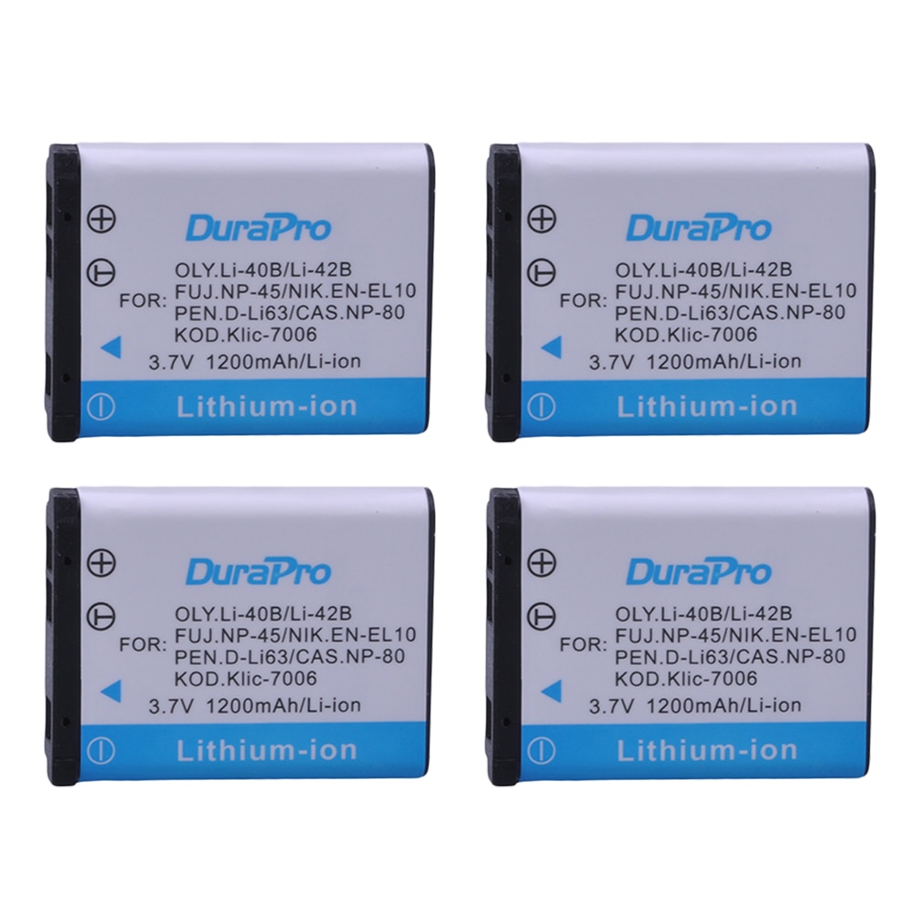 4 x DuraPro 1200 mah 3.7 v LI-42B 42B Li-40B 40B NP-45 NP45 EN-EL10 DLI63 D-Li108 DLI108 NP-80 NP80 CNP80 KLIC-7006 K7006 Batterij