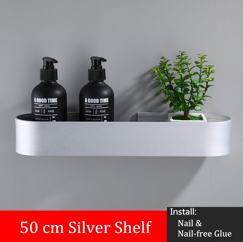 Utrymme aluminium silver badrumshyllor kök vägg hylla dusch förvaring handduk bar badrum tillbehör 30-50 cm längd: 50cm silver