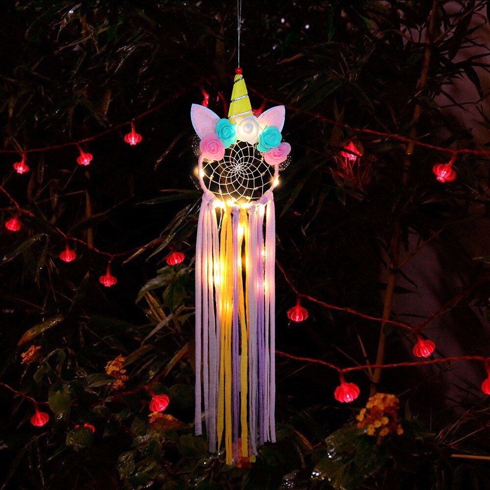 LED Kleurrijke Veer DreamCatchers Nordic Windgong Auto Kinderkamer Dream Catcher Balkon Wanddecoratie Opknoping Ornamenten