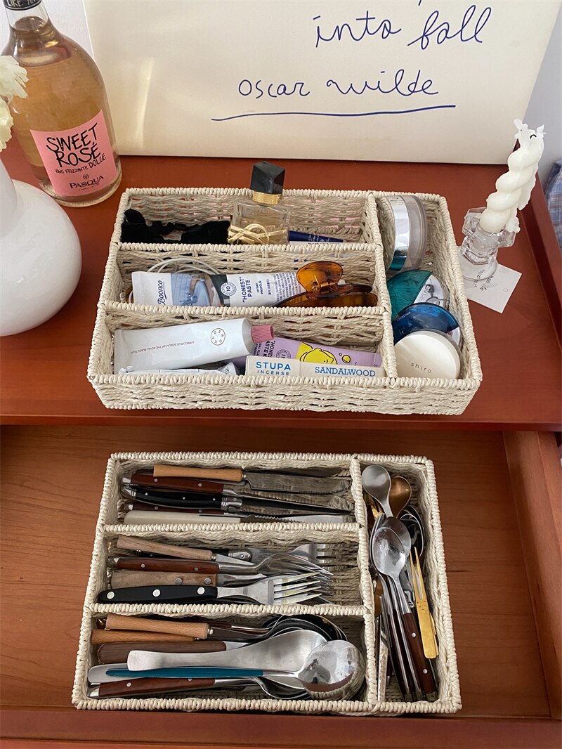 Tableware Storage Box Ins Large Capacity Bedsides Organizer Rattan Multifunction Home Kitchen Bar Storage Box 정리함