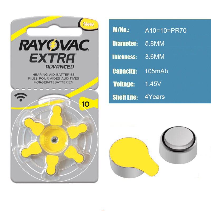 RAYOVAC-batería para audífonos CIC, 6 uds./1 tarjeta EXTRA Zinc Air 1,45 V, A10 10A 10 PR70
