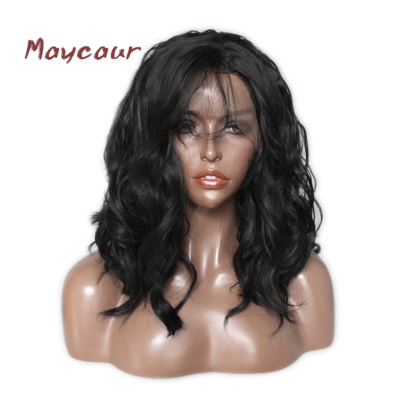 Maycaur-pelucas de cabello ondulado corto, cabello Natural, negro, sintético, con encaje frontal