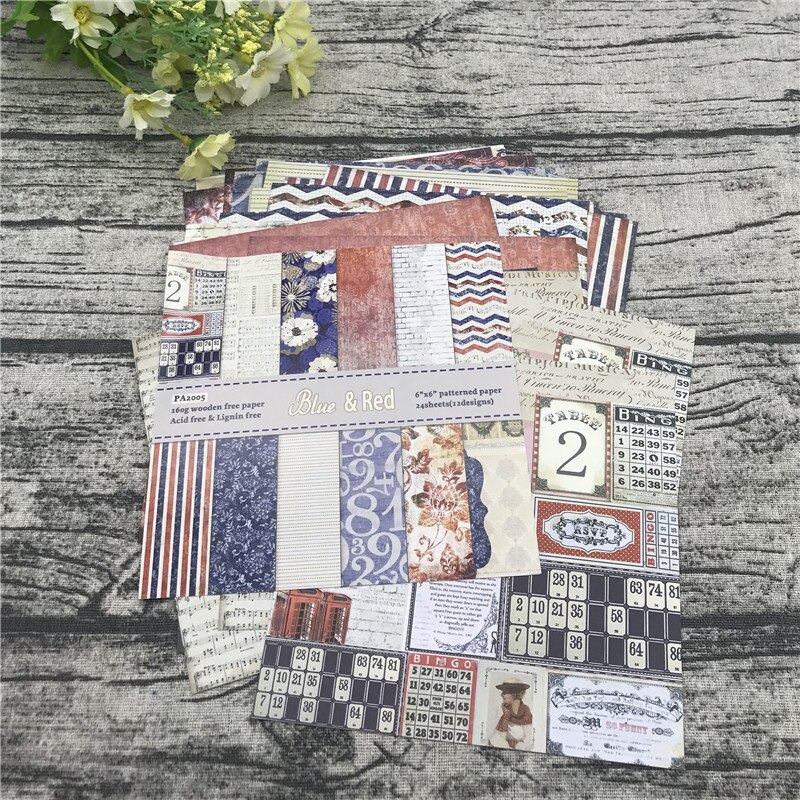 24 sheets 6"X6"The Blue red stamp Pattern Scrapbooking paper pack handmade craft paper craft Background pad