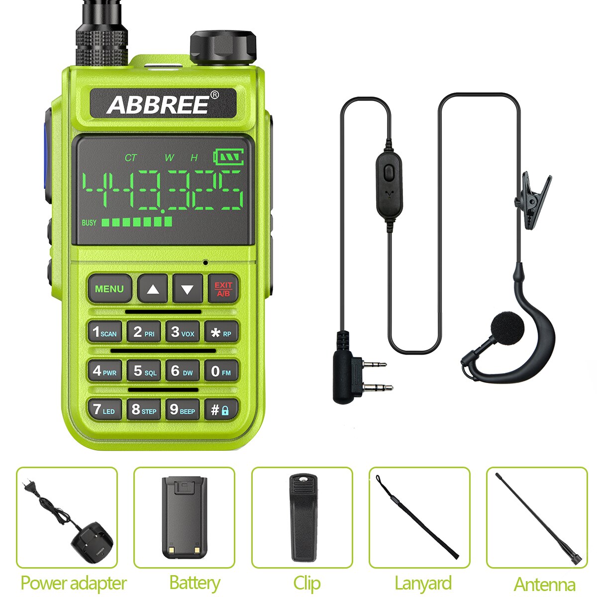 ABBREE-walkie-talkie de banda aérea AR-518, Radio de 2 vías con pantalla integrada, frecuencia de copia inalámbrica de 108 &quot;, 660-1,77 MHz: Green headset