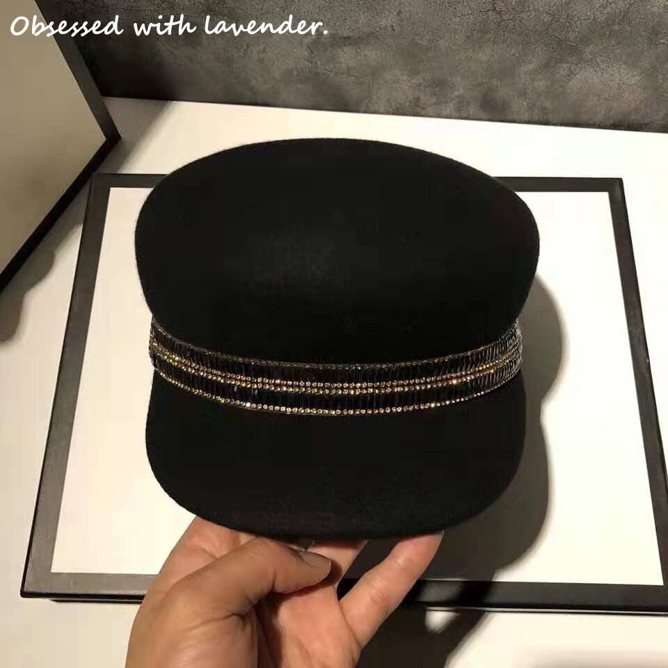 Geobsedeerd met lavendel. wol zwarte strass hoed dames herfst/winter achthoekige hoed dames marine hoed vintage wol