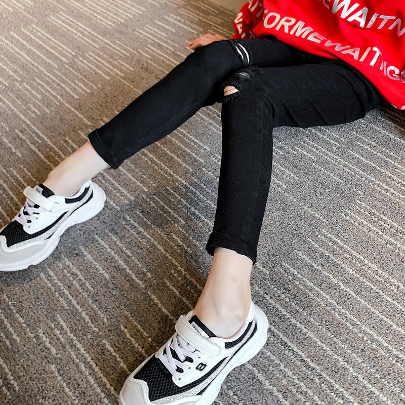 Cuhk Children's Black Ripped Jeans Teenager Girl Thin Elastic Holes Denim Pants Toddler Kids Casual Cowboy Skinny Girls Trousers: 4T5T   (100-110cm)