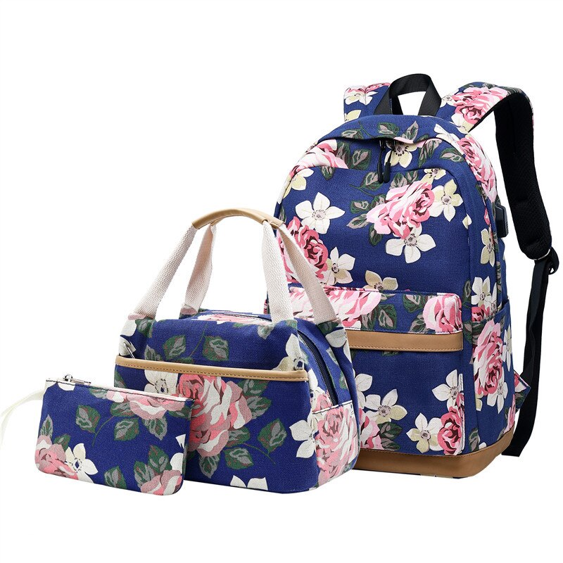 Sac à dos d'école pour adolescent, ensemble de sacs légers à la pour filles et femmes, sac de collège adapté à un sac d'ordinateur de 14 pouces: Blue Set