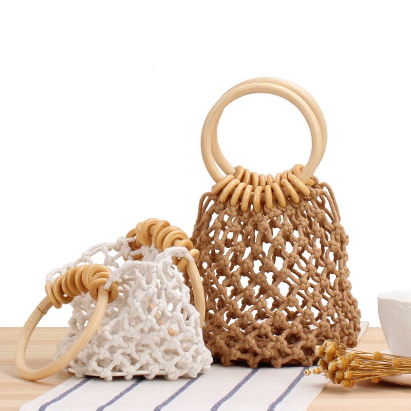 Pure Color Net Bag Hand Woven Bag Hand Tied Cotton Thread Hand Held Beach Bag Breathable DIY Wristlets Bag Summer Style