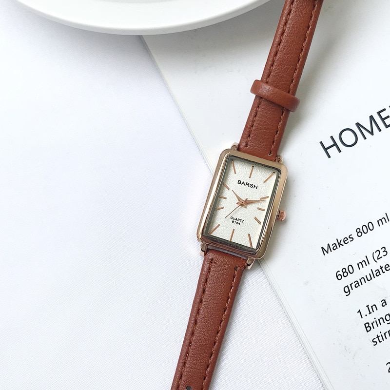 Elegante Eenvoudige Rechthoek Dameshorloge Brown Quartz Klok Vrouwen Casual Retro Lederen Horloges Vrouw Horloges