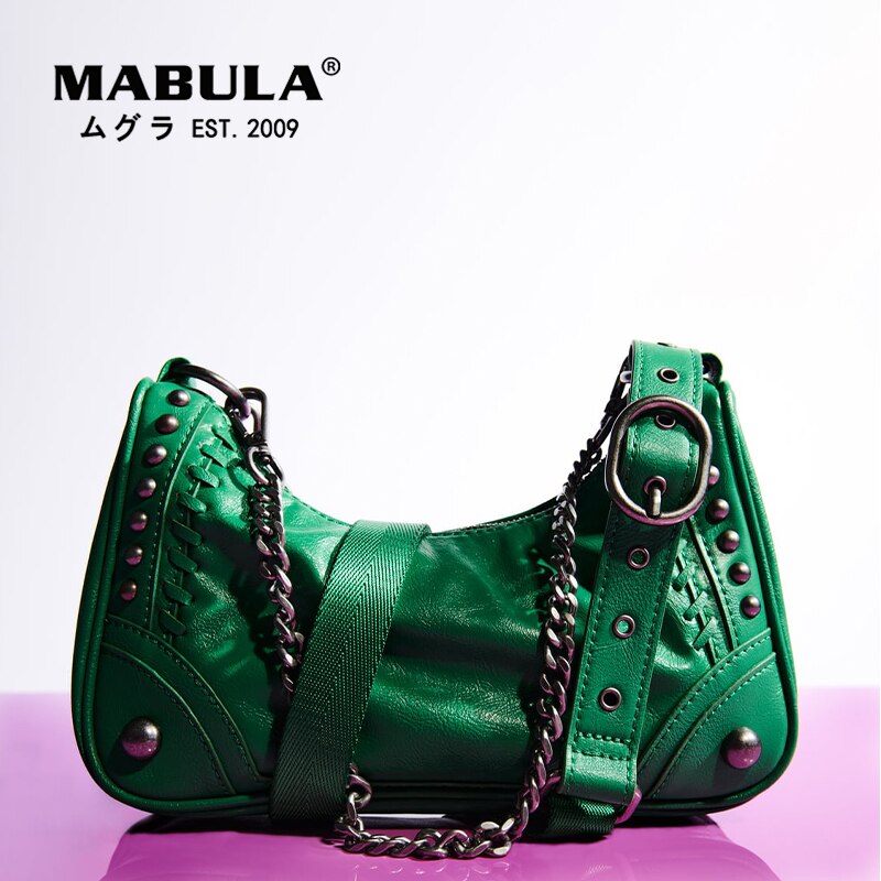 Mabula Mode Moto Biker Cool Hobo Crossbody Tassen Klinknagel Zwarte Vrouwen Schoudertas Met Ketting Vrouwelijke Retro Rock Stijl Portemonnees