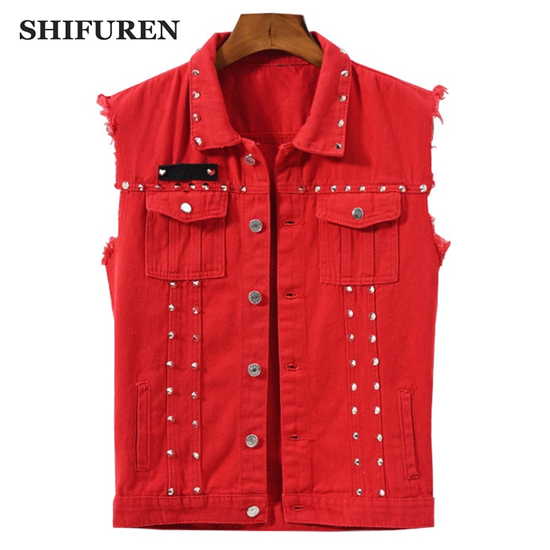 SHIFUREN homme gilet en jean Style Punk Rock Rivet Cowboy rouge jean gilet simple boutonnage homme moto veste sans manches