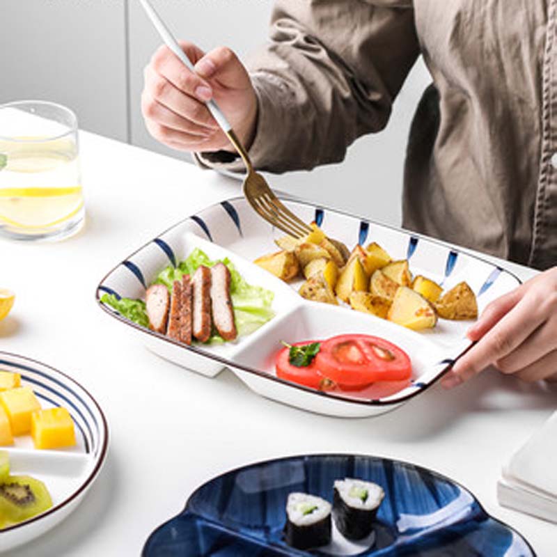 FANCITY Japanese-style ceramic sub-divided dinner plate, household children's three-compartment sub-plate, breakfast plate for o
