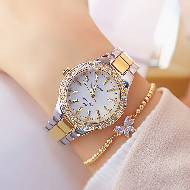 2022 Gold Ladies Wrist Watches Dress Watch Women Crystal Diamond Watches Stainless Steel Silver Clock Women Montre Femme: gold silver bracelet