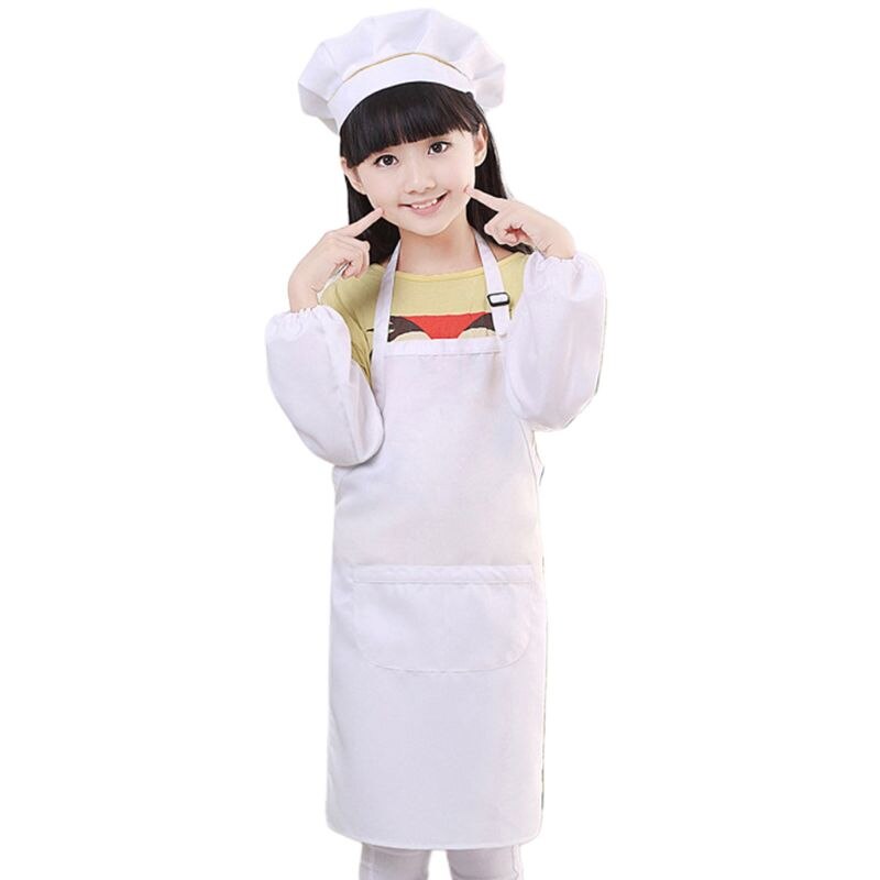 3Pcs/Set Kids Chef Hat Apron Sleeve Covers Set Boys Girls Adjustable Kitchen Bib with 2 Large Pockets for Cooking Baking Wear