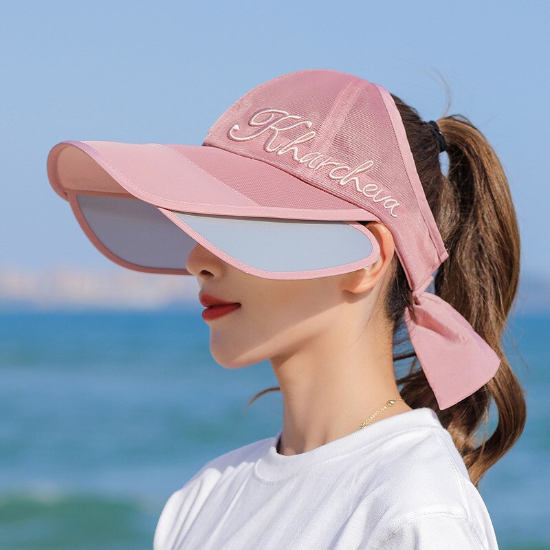 Hat Female Pull Board Sun Hat Sun-Proof Face Cover UV Protection Korean Wide Brim Cycling Sun Topless Hat Summer: Pink