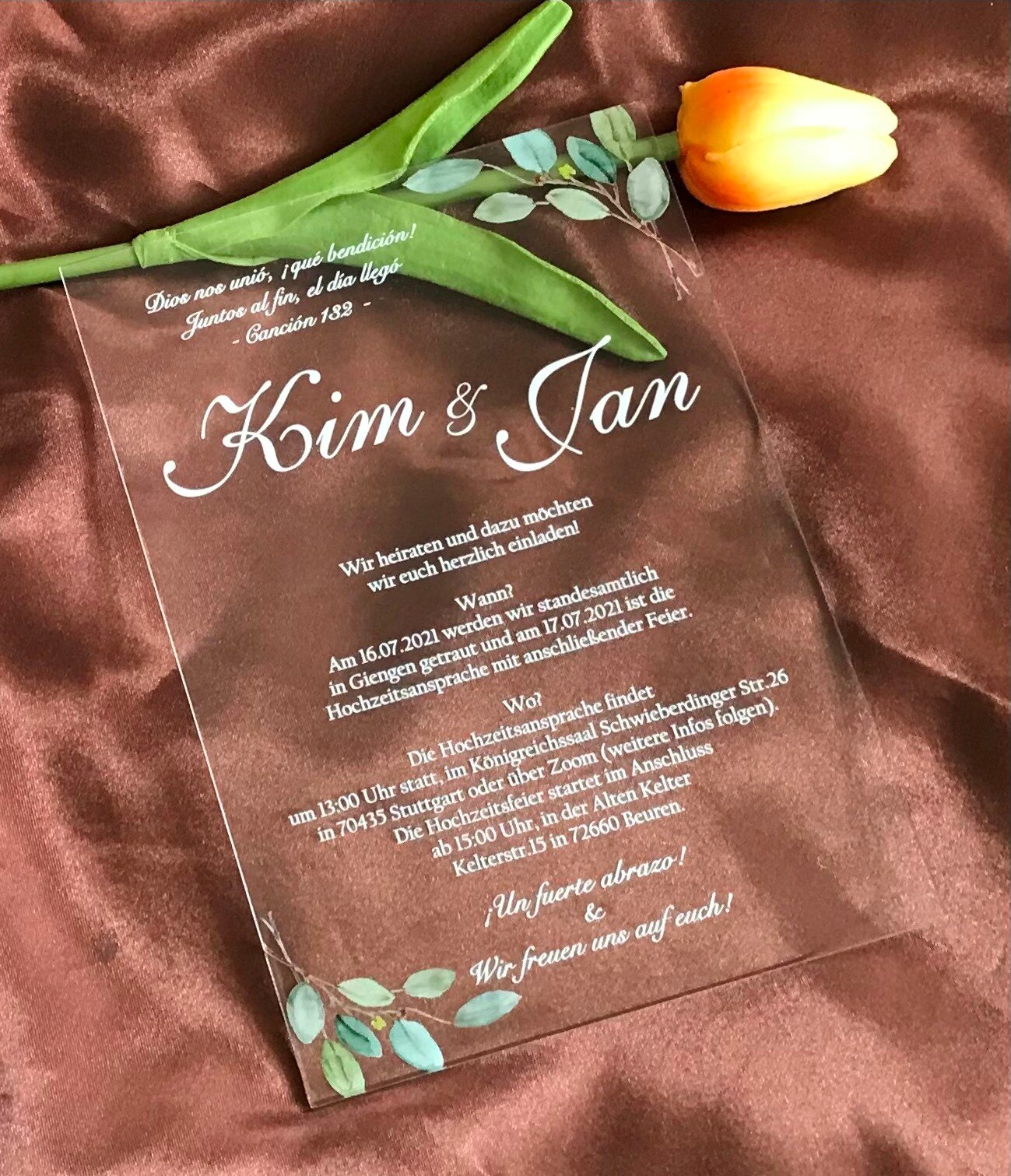 Gold,Blush Rose Pocket Envelopes,Green leaf Acrylic Wedding Invitations,Custom 10pcs White Ink Acrylic Invitations,Acrylic Menu