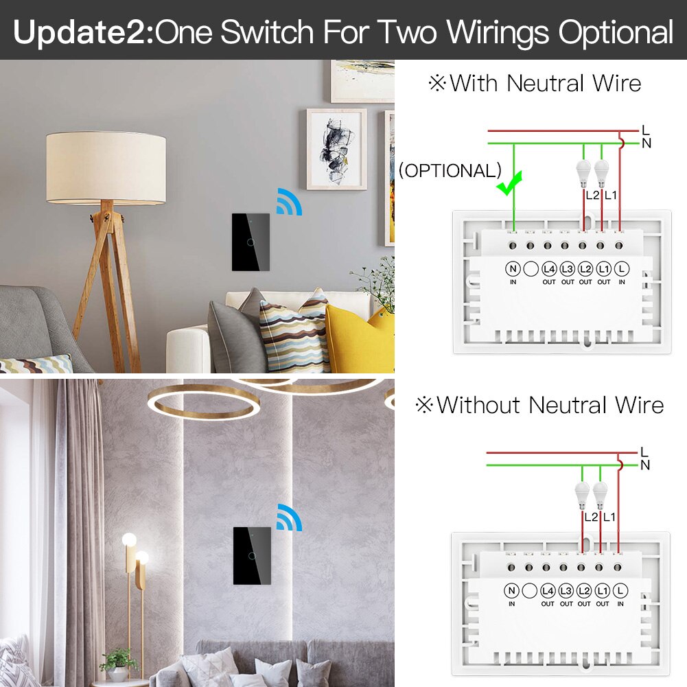 ZigBee Wall Touch Smart Light Switch With Neutral/No Neutral ,No Capacitor Smart Life/Tuya Works with Alexa,Google Hub Required