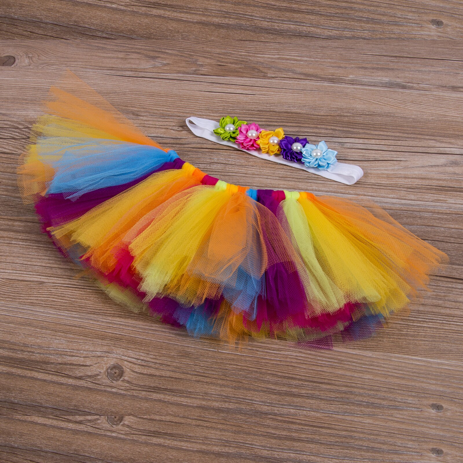 0-3M Pasgeboren Baby Meisje Prinses Tutu Rok Regenboog Gestreepte Tule Rok + 3D Bloem Hoofdband 2 stuks Voor Party