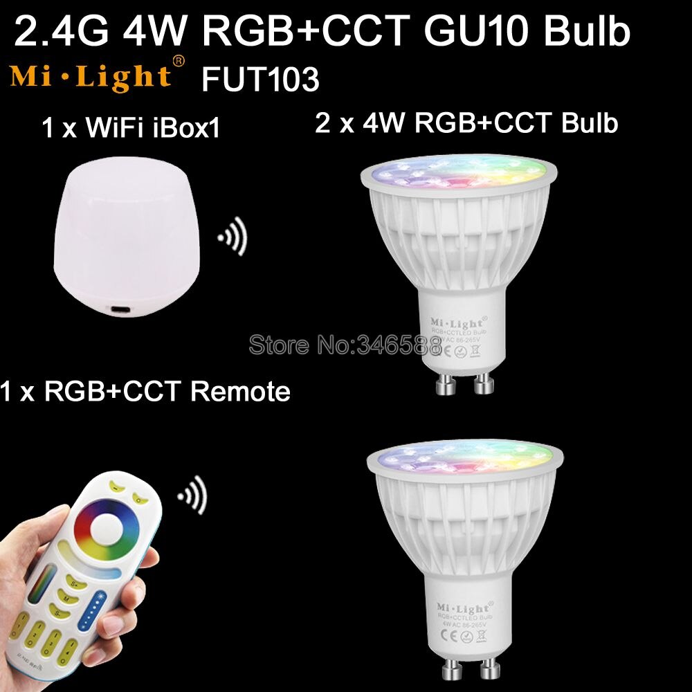 MiLight 4W RGB + CCT Smart WiFi Led Lamp GU10 AC85-265V 2.4G 4-Zone Afstandsbediening/ smartphone APP/Alexa Google Voice Control: 1Remote 2Bulbs 1WiFi