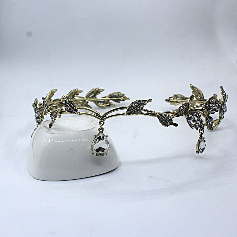 Vintage Bronze Emerald Green Fairy Crown Tiaras Crystal Leaves Elf Tiara Bandana Hair Accessories for Women Costume Hair Jewelry: SILVER PLATED