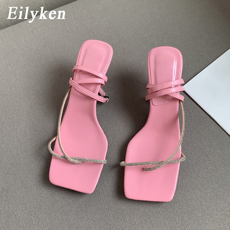 Eilyken Summer Clip Toe Buckle Strap Women Sandals 2022 Crystal Diamond Narrow Band Thin Medium Heels Flip Flops Shoes