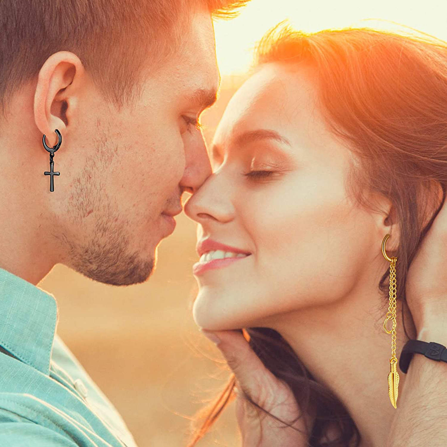 Pendientes de aro con bisagras para hombre, aretes colgantes de acero inoxidable, aretes colgantes de cadena larga con pluma L, 1 pieza