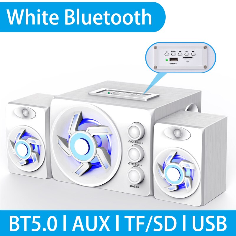 LED Computer Speaker 4D Surround Sound Mini Subwoofer Music Speaker for Laptop Notebook PC Phone Stereo Bluetooth Loudspeaker: D209 White Bluetooth