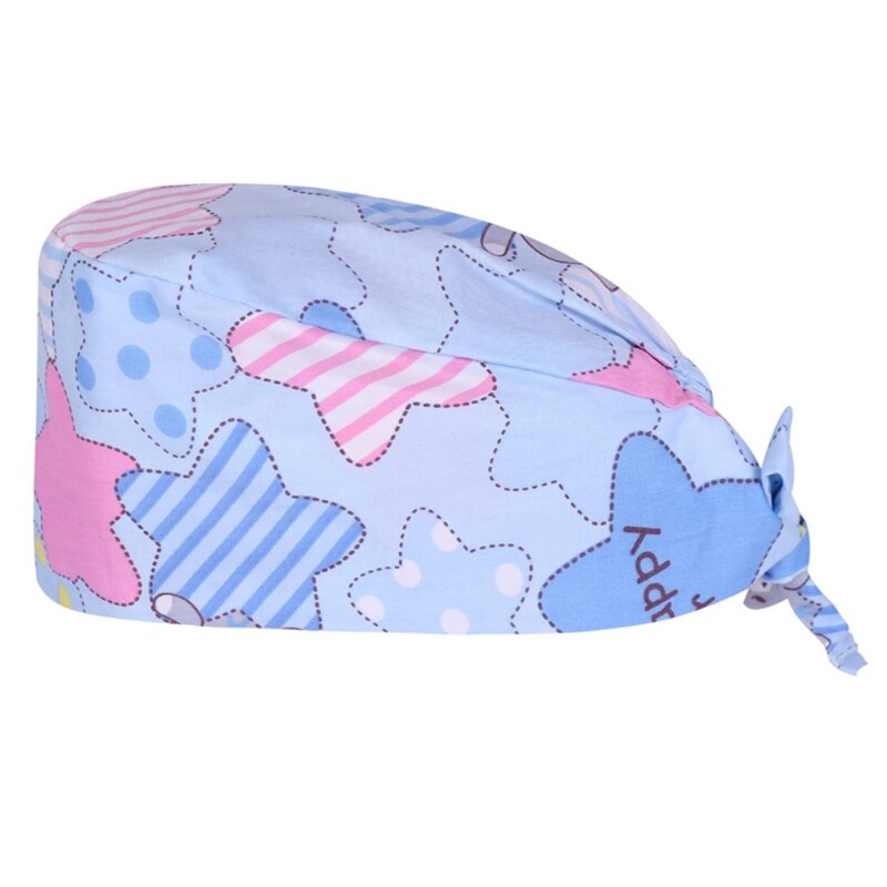 Dokter verpleegkundige katoenen werkmuts met zweetband, verstelbare strik aan de achterkant, schattige cartoon dieren, kalebasvormige bouffant scrubmuts: -f