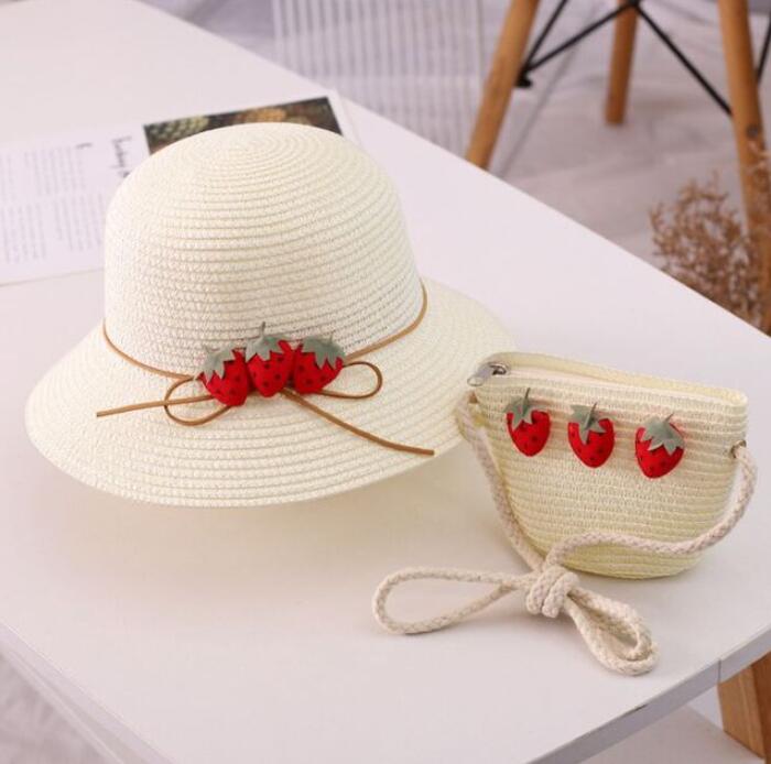 bonnet bebe fille Ensemble chapeau et sac en paille ondulé à la fraise pour fille, 2 pièces, accessoires de protection solaire pour enfants de 3 à 8 ans, printemps et été: 2Pcs-White