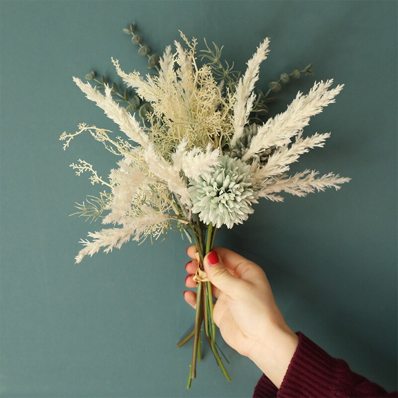 Ins kunstige blomster silke løvetann eukalyptus hybrid bukett bryllup hjem dekorasjon falsk blomst