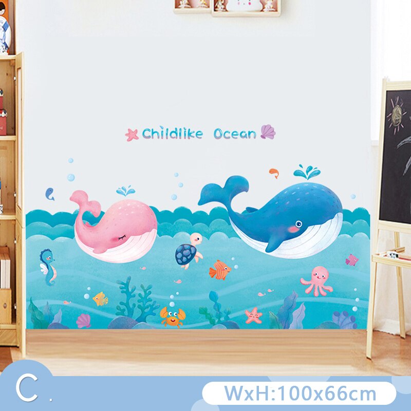 Waterproof Cartoon Underwater Animal World Wall Stickers for Kids room Bathroom Bedroom Vinyl Wall Decals Removable Murals Decor: Yellow
