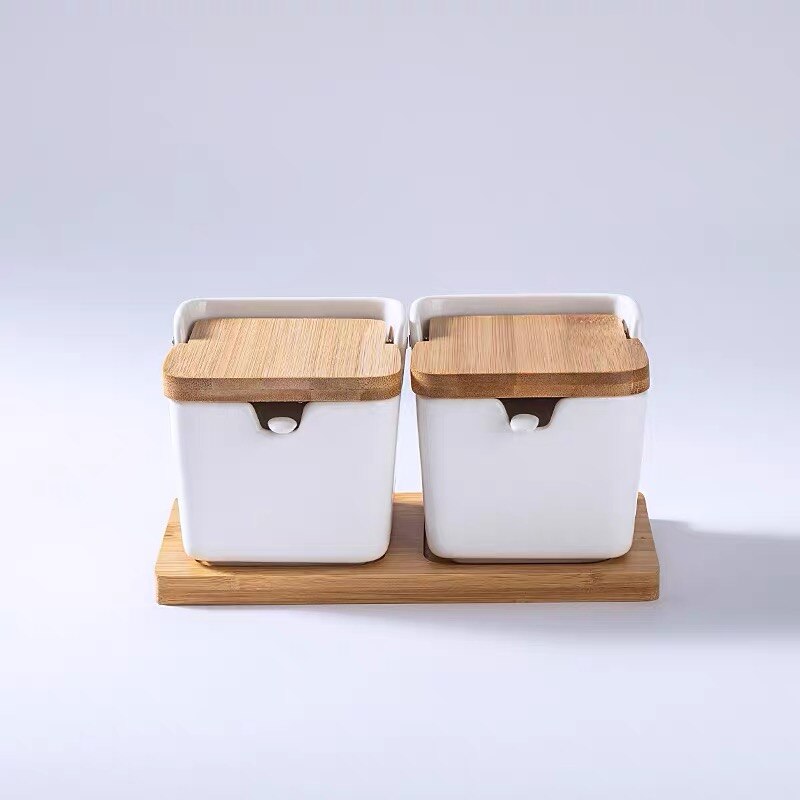 Nordisk minimalistisk keramisk krydderikrukke med bambus låg porcelæn salt opbevaringsboks køkken arrangør krydderier: 2 gryder hvide