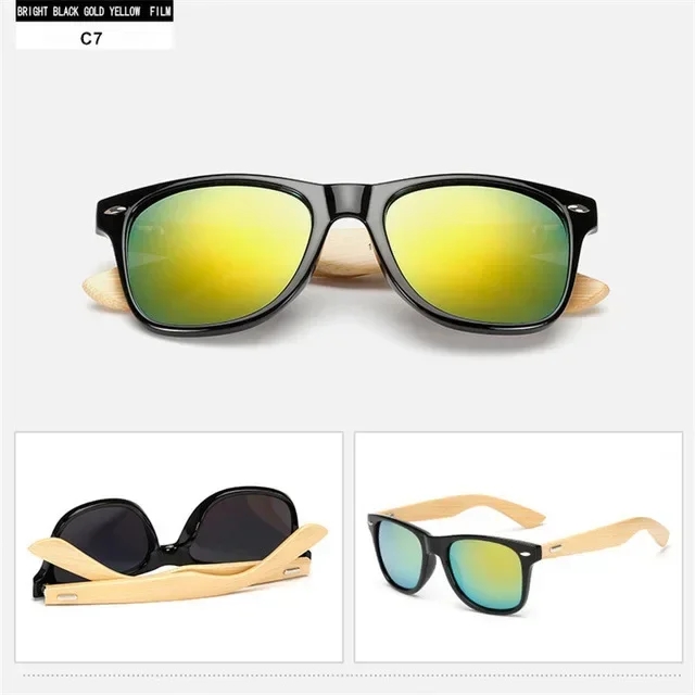 Gafas de sol de madera de 14 colores para hombres y mujeres, gafas de sol cuadradas de bambú para mujeres y hombres, gafas de sol con espejo retro de sol masculino 2025 hechas a mano: Negro